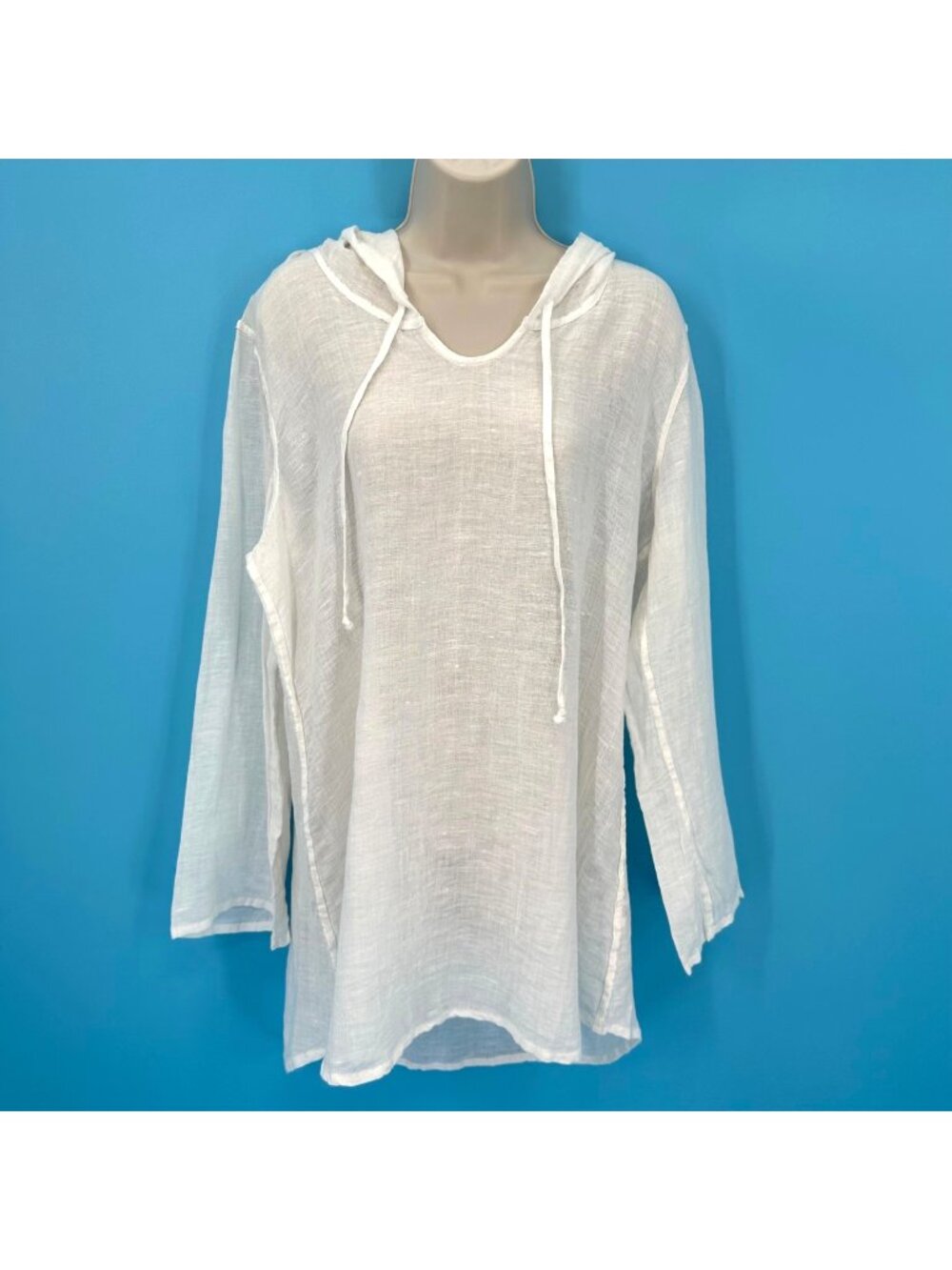NWOT Flax Womens White Linen /Cotton Long Sleeve Lightweight Hooded Tunic Top S